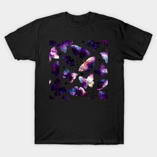 Watercolor Colorful Galaxy, Butterflies and Black Dots T-Shirt